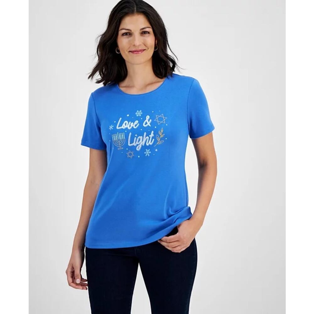 Holiday Lane Women Love & Light Short-Sleeve T Shirt Size Petites XL Blue Gold